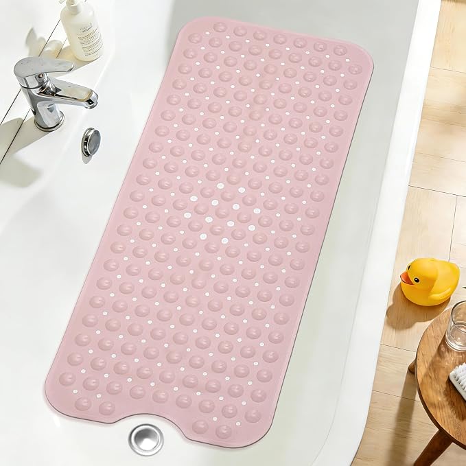 Extra Long Pink Bathtub Mat Non Slip, Soft Bath Mat for Tub 40 x 16 Inch Full Size, Bath Tub Shower Mats for Bathroom Floor, Big Suction Cups and Drain Holes, Easy Washable, BPA Free