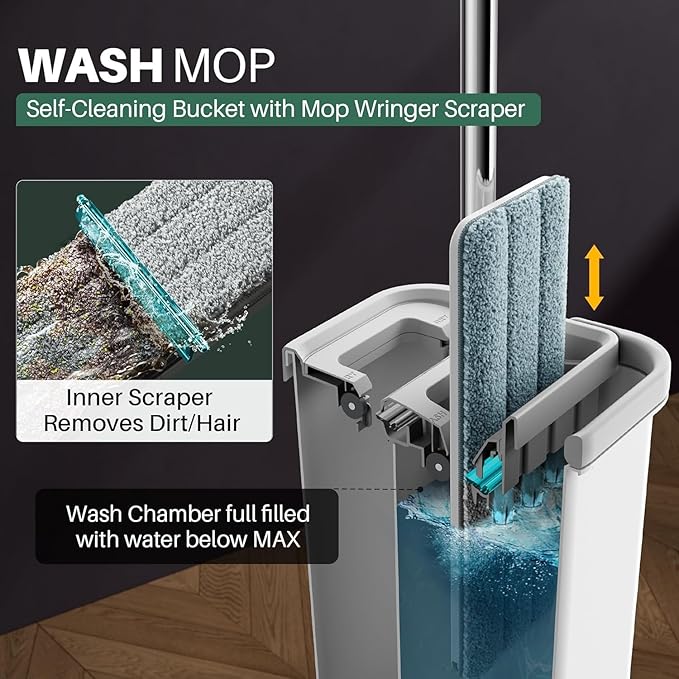 JOYMOOP Flat Mop System, Mop and Bucket Set, White, Commercial & Household Floor Cleaning Mop with Freesia Scent Cleaning Pods, Includes 3 Reusable Microfiber Pads and 15 Detergent Pods