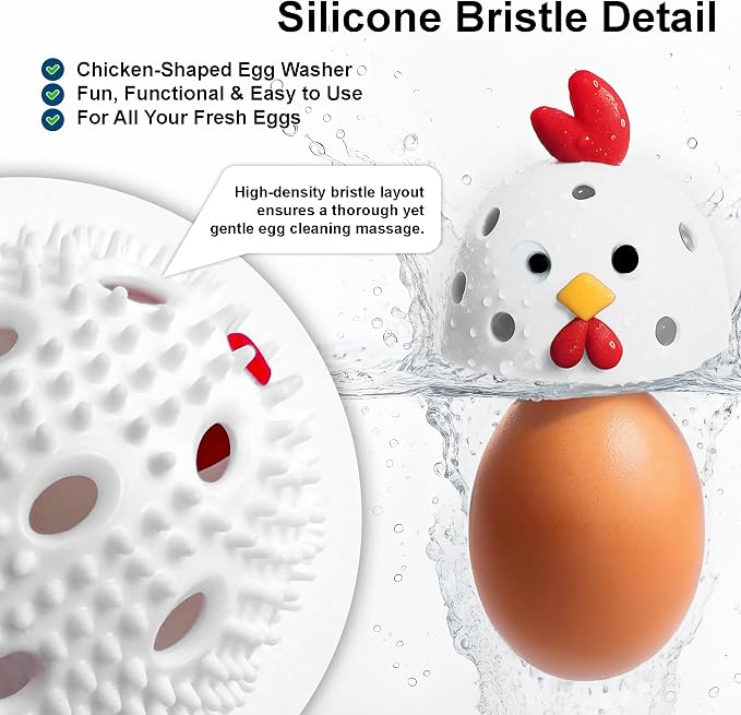 Egg Washer for Fresh Eggs, Egg Scrubber for Fresh Eggs, Reusable Silicone Chicken Shaped Scrubs, Chicken Egg Cleaner, Eggshell Cleaner for Poultry Farm, Housewife Kitchen Helper Tool (White Chick Cap)