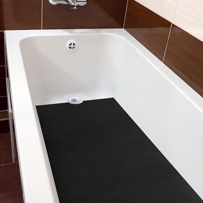 Dunzoom 16" x 40" Non Slip Bathtub Mat with Drain Cut Out Anti Slipping Non Skid Safe Tub Mat Adhesive Peel and Stick Bath Tub Mat PEVA Tub Sticker for Shower Floor Boat Wet Areas(Black)