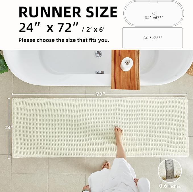 TYUU Cream White Long Bathroom Rugs, Waffle Runner Rug Bathroom Non Slip Washable Super Absorbent Quick Dry Boho Farmhouse Bath Mat, 72"x24" Cream White