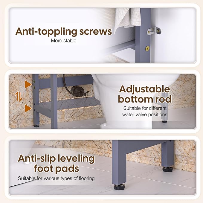 Cozivolife Over The Toilet Storage: 4-Tier Bamboo Organizer Rack with 2 Baskets & Paper Holder & 4 Hooks & Waterproof Feet Pad, Adjustable Freestanding Shelf for Bathroom (Grey)