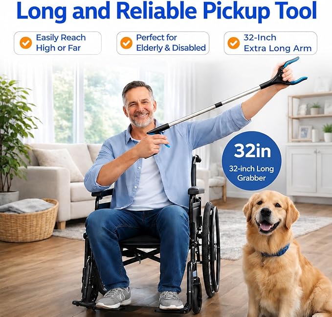 2 Pack 32 Inch Grabber Reacher Tools, LEGENDONE Upgraded Strong Grip Foldable Pickup Tool for Senior, Patient, 4" Wide Claw Upper Gripper Trash Heavy Duty Picker Health Post-Surgery Essential