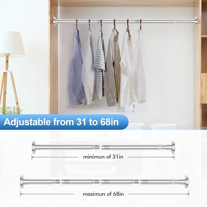 CorkLatta Chrome Shower Curtain Rod 31 to 68 Inch,1 Inch Diameter Adjustable Spring Tension Curtain Rod No Drilling Stainless Steel Telescoping Rod,No Rust