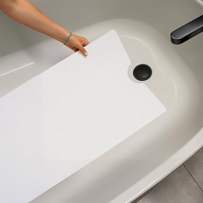 Peel and Stick Bathtub Mat - White Adhesive Vinyl Anti Slip with Drain Cut Out - Non Slip Shower Bath Mat - Extra Long Bathroom Accessory for Wet Area 16" X 40" - White