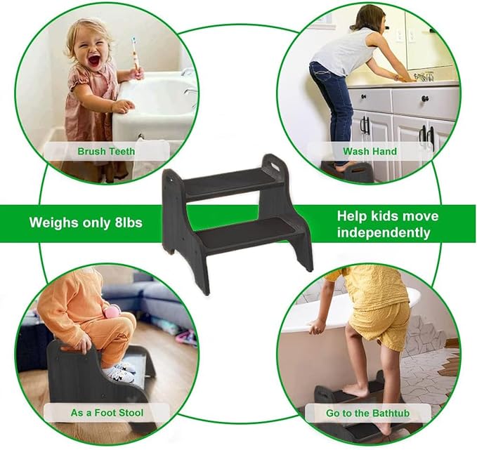 StrongTek Wood 2 Step Stool for Kids with Non-Slip Stepping Surface, Portable Handles, Skid Resistant Foot Pads, and 300 lbs. Capacity, Multipurpose Heavy-Duty Support (Espresso)