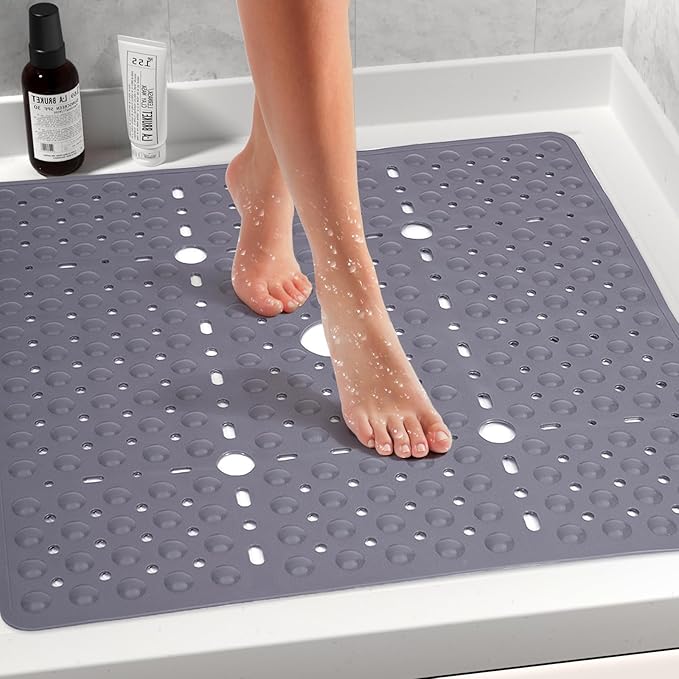 Large Square Shower Mat 27 x 27 Inch Gray, Non Slip Shower Bathtub Mats for Inside Shower with Big Suction Cups Drain Holes, Anti Slip Bathroom Floor Shower Stall Mats, Easy Clean, BPA-Free
