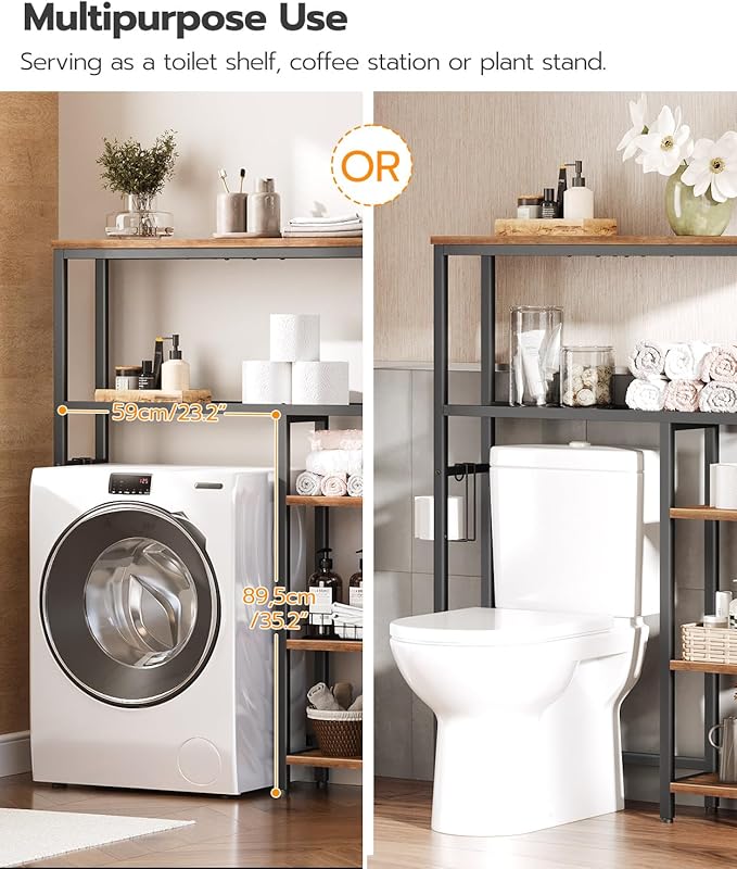 HOOBRO Over The Toilet Storage Cabinet, Freestanding Bathroom Organizer with Toilet Paper Holder, Hooks, 5-Tier Bathroom Storage Shelves for Laundry Room, Space Saver, Rustic Brown and Black BF84TS01