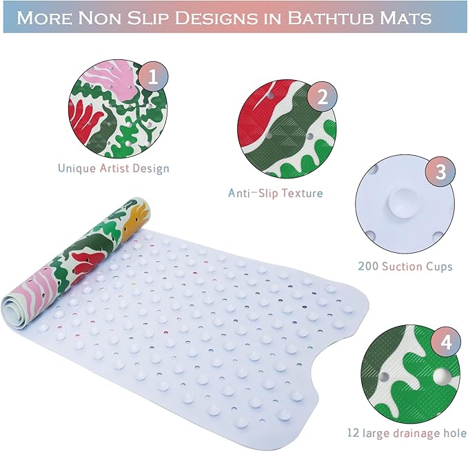 Plant Bathtub Mat Non Slip for Kids 40x16in Extra Long Floral Anti Slip Bath Mat for Tub Abstract Botanical Rustic Shower Mat with Large Drain Holes Suction Cups Flowers Leaves Design Bathroom Decor