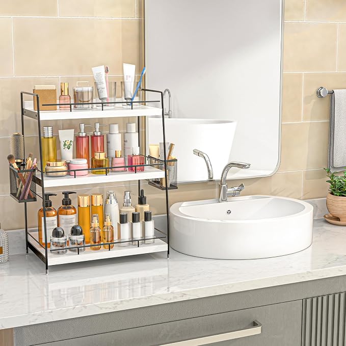 Bathroom Counter Organizer,Bathroom Countertop Organizer with Baskets,Vanity Organizers,Counter Shelf,Countertop Storage, Makeup Organizers(White)