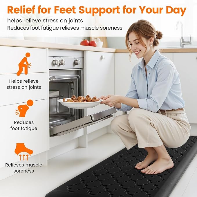 TranquilRelax 4/5 Inch Thick Anti-Fatigue Kitchen Mat Water Resistant Non-Slip Kitchen Floor Mat Ergonomic Comfort Standing Mat for Home Kitchen Office Laundry 17.3"x 60" Black