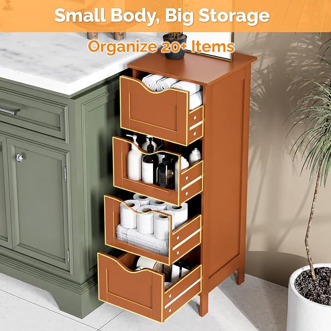Bonnlo Skinny Bathroom Floor Storage Cabinet,White 12 Inch Wide Deep Small Storage Organizer with 4 Drawers, Brown Wooden Modern Thin Free Standing Tower Cabinet for Bathroom, Living Room