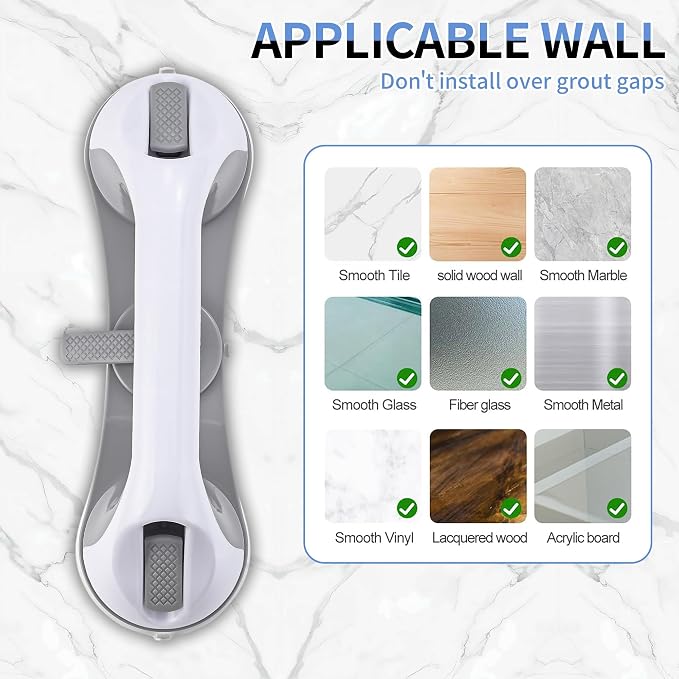 Strong Suction Grab Bars for Shower and Bathroom with 3 Suction Cups, Heavy Duty Safety Handles for Elderly and Seniors – No Drill Removable 2 Pack, Waterproof Non-Slip Bath Handr
