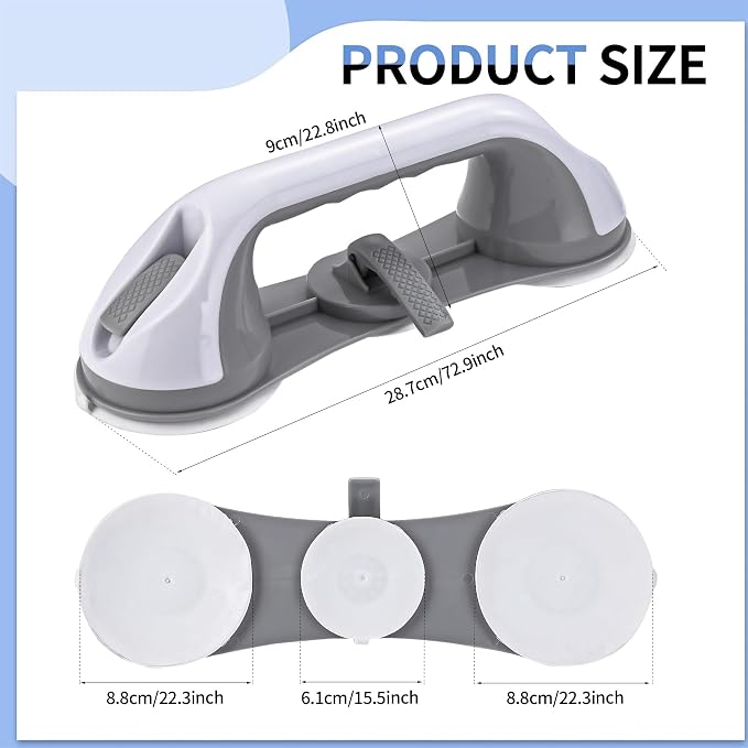 Strong Suction Grab Bars for Shower and Bathroom with 3 Suction Cups, Heavy Duty Safety Handles for Elderly and Seniors – No Drill Removable 2 Pack, Waterproof Non-Slip Bath Handr