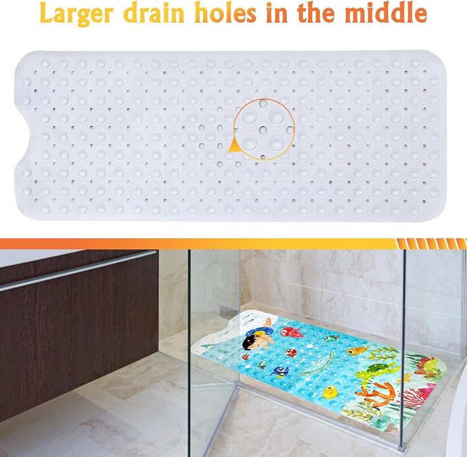 Bath Mat for Tub Non Slip, Machine Washable Anti Slip Cartoon Baby Bathtub Shower Mat with Drain Holes and Suction Cups for Toddler & Kids, 40 Inch x 16 Inch-Rectangular, Swimming Kids