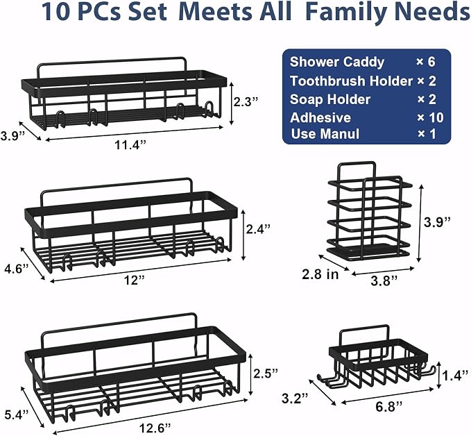 Liuoud 10 Pack Shower Caddy Organizer Rack Shelf for Inside Shower, Self Adhesive Wall Storage Basket Rustproof Stainless Steel Shampoo Holder Bathroom Accessory Decor Set, Black