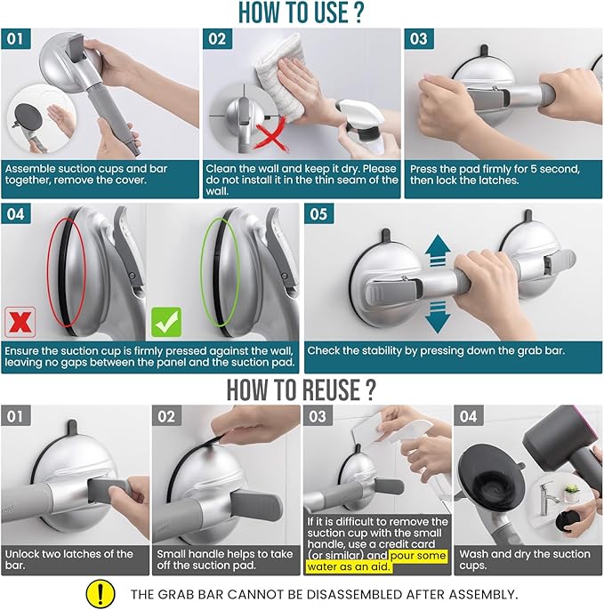 TAILI Grab Bars for Bathtubs and Showers, Shower Handles for Elderly Suction,Maximum 330lbs,Shower Grab Bar with Upgraded Rubber Suction Cups Safety Grip for Senior,No Drilling Removable,Silver