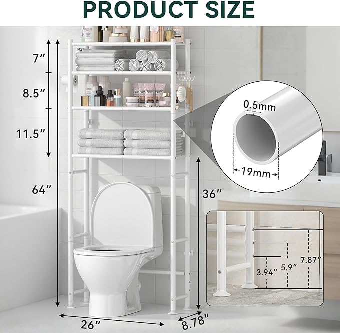 GloTika 4-Tier Over The Toilet Storage, 200lb Total Capacity Metal Bathroom Organizer with 36" Clearance, Includes Paper Holder & 4 Hooks, Space Saving Rack for Bathroom Laundry Room (64" H, White)