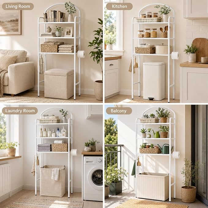 Over The Toilet Storage Rack - 3 Tier Bathroom Organizer with 4 Hooks & Paper Holder - Space Saving Metal Shelf for Bathroom - White Toilet Storage