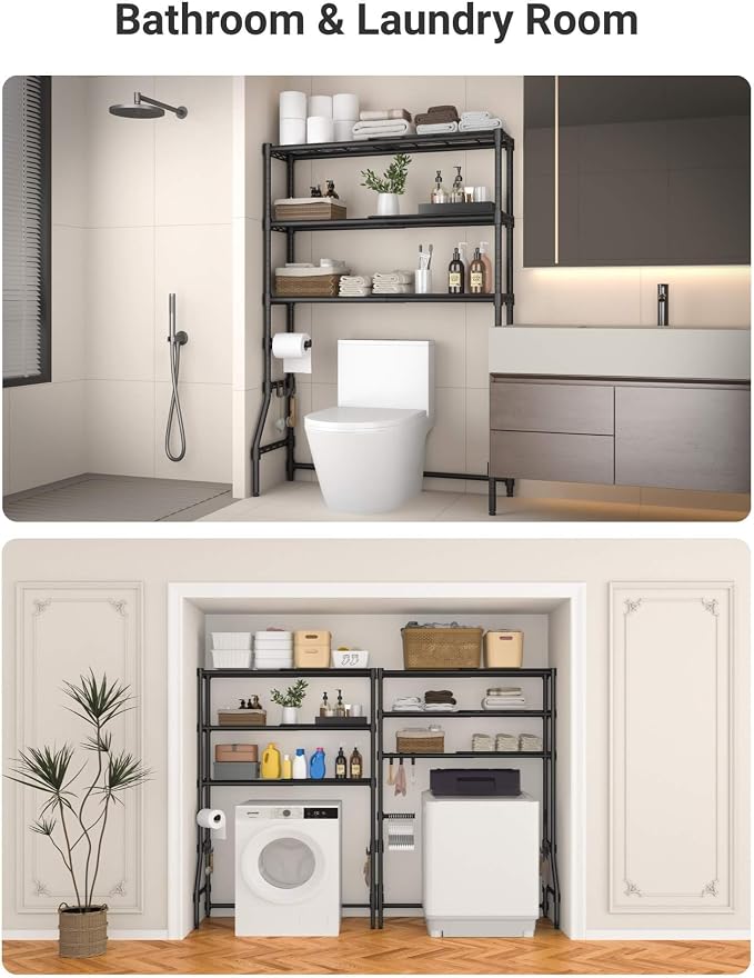 Over The Toilet Storage Rack with Expandable 3-Tier Adjustable Height & Width (22"-38") Bathroom Organizer Shelves Space Saver Above Toilet Over Washer and Dryer Shelf for Laundry Room