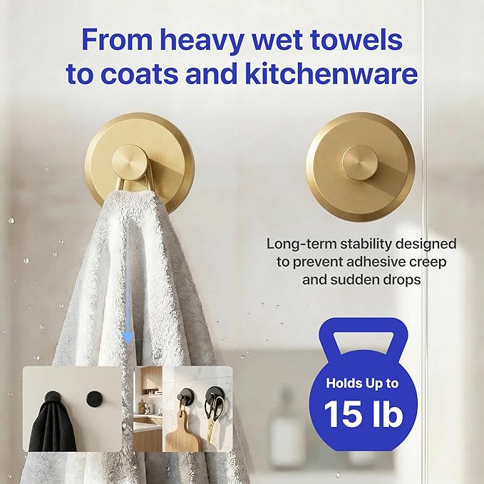 HOME SO Suction Cup Hooks for Shower & Bathroom Towel Holder 2-Pack – Suction Cups Hooks for Hanging Towels, Robes, & Coats - Tiles, Glass Door or Mirror – Shower Hooks & Towel Hooks Organizer - Gold