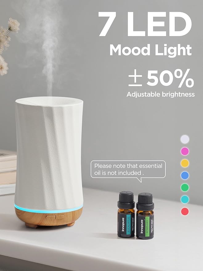 InnoGear 150ml Ceramic Oil Diffuser, Handcrafted Stone Essential Oil Diffuser Aromatherapy Diffusers Ultrasonic Cool Mist Humidifier Vaporizor with 2 Mist Modes for Room Home, White Twist Ceramic