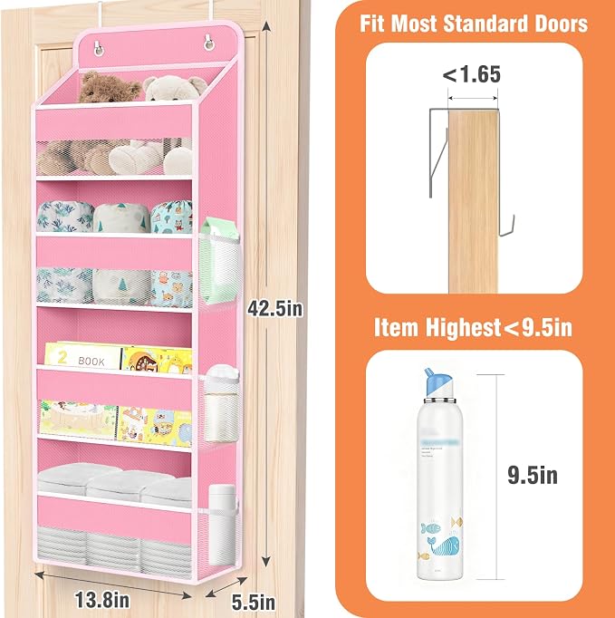 WISELIFE Over The Door Organizer Storage 4 Shelves Large Capacity Hanging Bedroom Storage Solution with 6 Side Pockets for Dorm Bathroom Pantry Nursery and Baby Essentials Holds up to 40 Lbs (Pink)