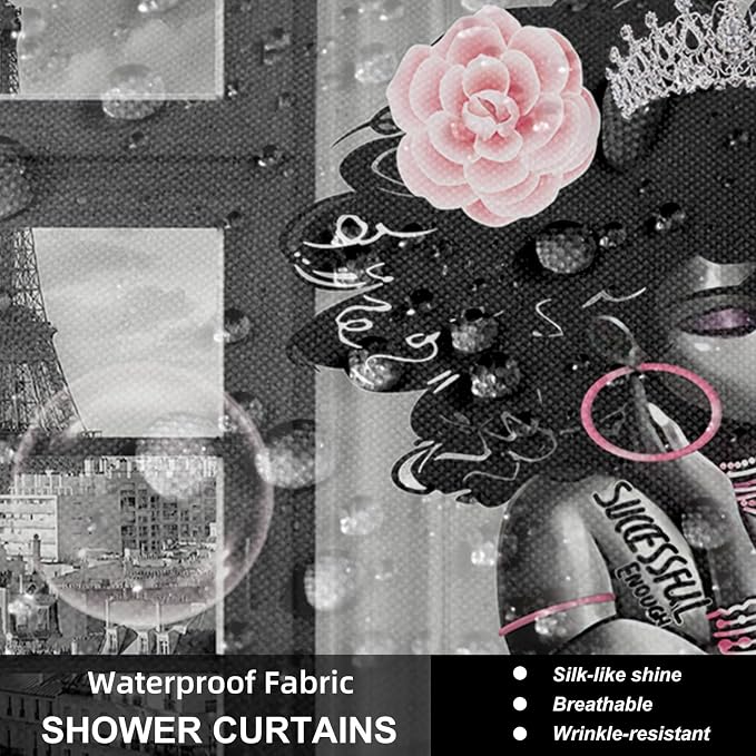 5Pcs Black Girl Shower Curtain Set with Decorative Painting, African American Wall Painting Bathroom Sets with Shower Curtain and Rugs, Trendy Women’s Bathroom Pictures for Wall Art Decor