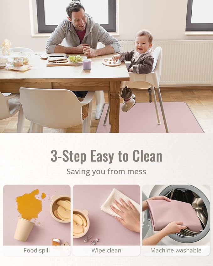 Blissful Diary Baby Splat Mat for Under High Chair, 50.4 x 50.4 Inch Wipeable Splash Mat, Waterproof and Washable, Anti-Slip Floor Protector, Blush Pink