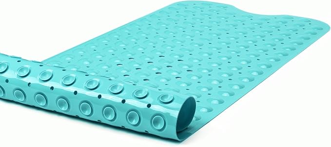 Extra-Long Non-Slip Bathtub & Shower Mat 39”x16” (Smooth/Non-Textured Tubs Only) Safe, Clean, Machine-Washable, Superior Grip&Drainage, Vinyl, Opaque Turquoise/Green-Blue