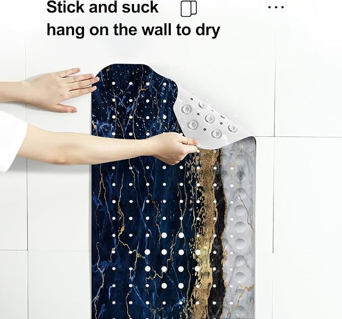 LNOND Marble Bath Tub Mat Non Slip, Extra Long 40 X 16 Inch Anti Slip Mat for Bathtub, Black White Gold Marble Shower Mat with Drain Holes and Suction Cups, Machine Washable