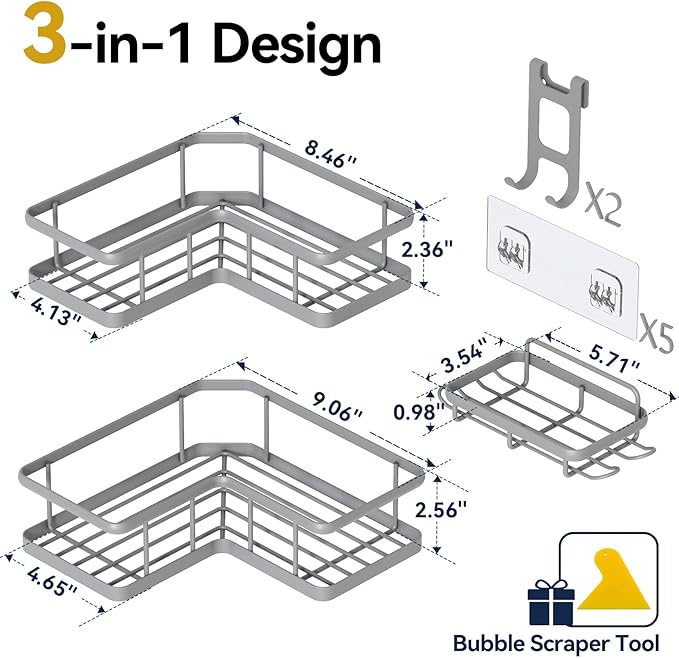 YASONIC Corner Shower Caddy Adhesive, 100% Rustproof Shower Organizer with Soap Holder, No Drill Shower Shelf for Inside Shower, Wall-Mounted Shower Storage for Homes (3 Pack, Grey)