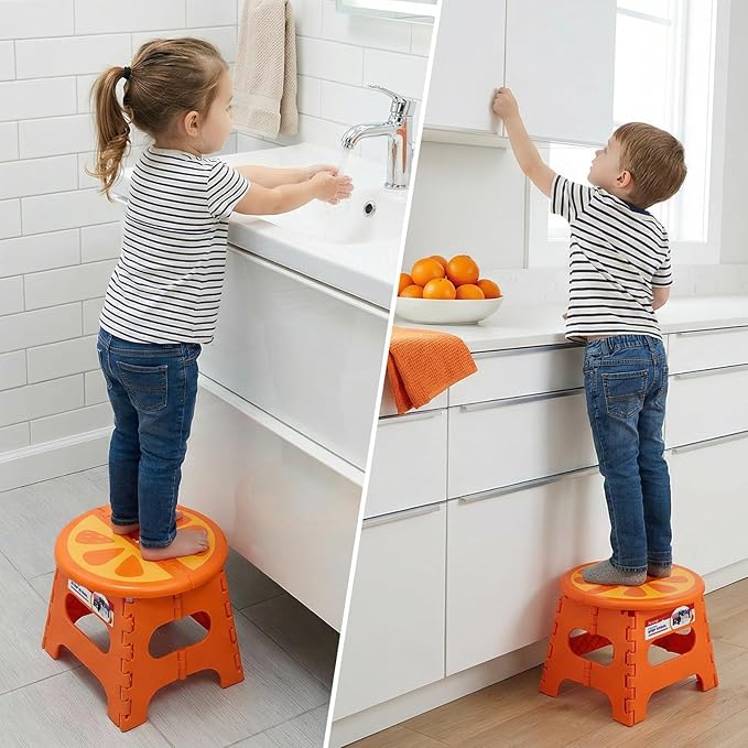 ACSTEP Folding Step Stool 9 Inch, Sturdy Collapsible Step Stool Foldable Up to 265 lbs for Kids Toddlers & Adults, Non Slip Foot Stools with Handle for Kitchen, Bathroom, Bedroom, Outdoor, Orange