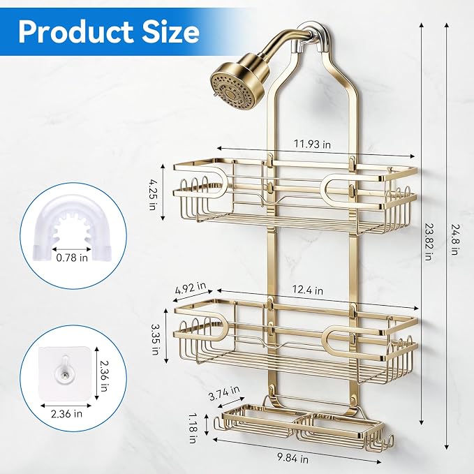 Shower Caddy Hanging, Over Head Shower Caddy Shower Storage Rack Basket with Hooks for Razor and Sponge Rustproof, No Drilling, Accessories for Bathroom and Kitchen, Gold