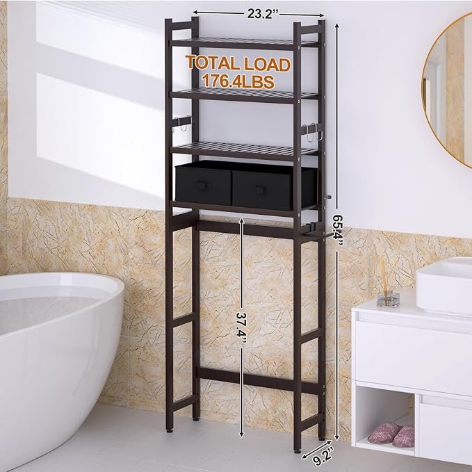 Cozivolife Over The Toilet Storage: 4-Tier Bamboo Organizer Rack with 2 Baskets & Paper Holder & 4 Hooks & Waterproof Feet Pad, Adjustable Freestanding Shelf for Bathroom (Brown)