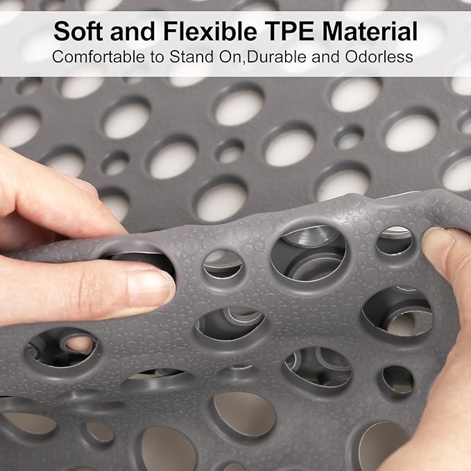 Anti Slip Shower Mat with Suction Cups,23.6x35.4 Inch Quick Drain TPE Non Slip Shower Mats for Inside Shower,Large Bath Mat for Shower Soft on Feet, Easy to Dry&Cut Machine Washable