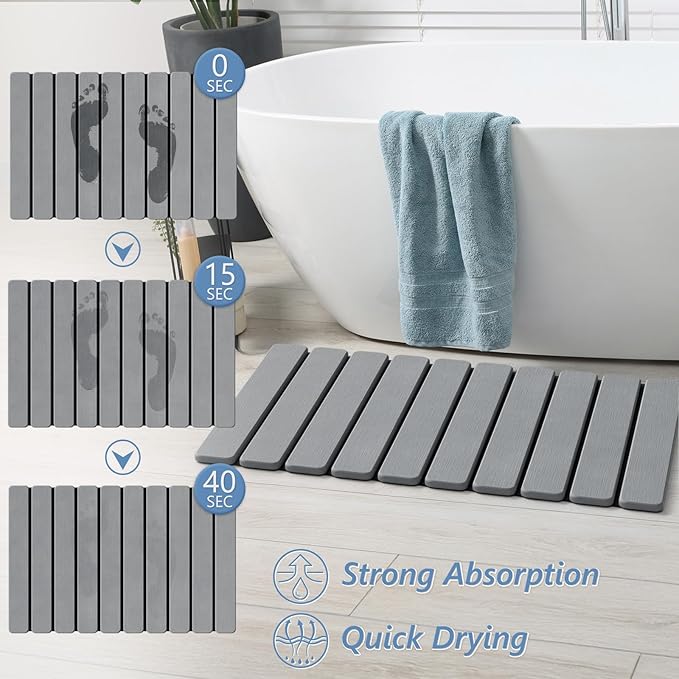 AWW Foldable Stone Bath Mat, Quick Dry Diatomaceous Earth Bath Mat with Non-Slip Mat, Super Absorbent, Easy to Clean, Compact for Small Bathrooms, 23.6 x 15.5, Grey