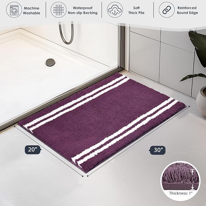PURRUGS Bathroom Rug Non-Slip Machine Washable 20" x 30", Super Absorbent and Quick Dry Shaggy Microfiber Bath Mat, Extra Soft and Plush Bath Rug for Bathtub, Shower, and Sink, Purple