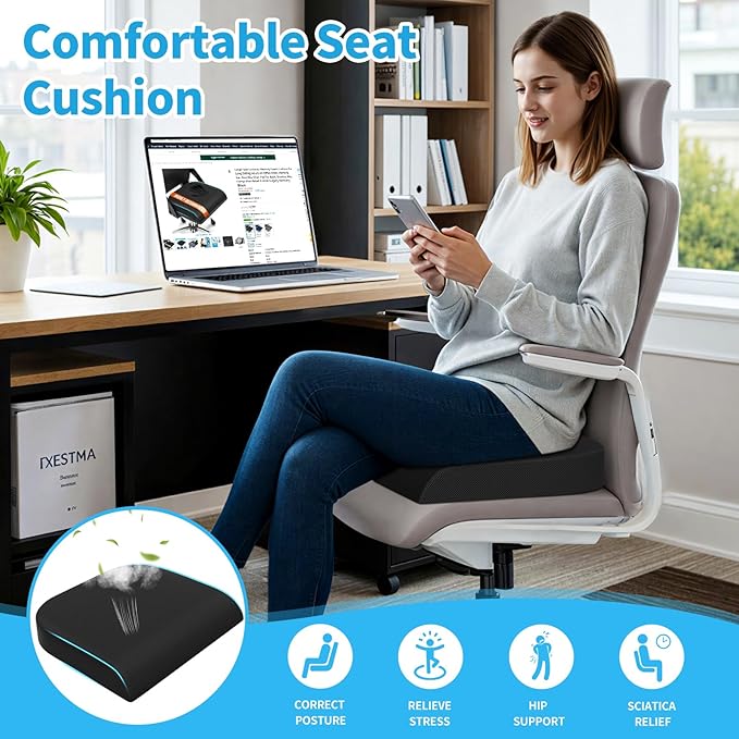 TranquilRelax XLarge Seat Cushion，Soft Foam Cushion for Long Sitting Hours on Office Chair, Home & Car, Non-Slip Chair Pad for Relieving Back & Sciatica & Hip & Coccyx Pain (Black)