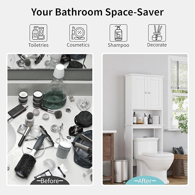 Shintenchi Over the Toilet Storage Cabinet, Bathroom Shelf Organizer with Anti-Tip Device Small Freestanding Space Saver with Adjustable Shelf，White