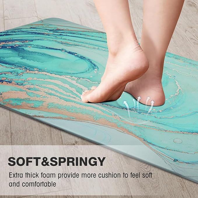 MAYHMYO Kitchen Rugs and Mats Set of 2 Teal Marble Gold Anti Fatigue Mat PVC Non Slip Turquoise Foam Cushioned Kitchen Mats for Floor,17.3 x 29 x 0.4 inch + 17.3 x 59 x 0.4 inch