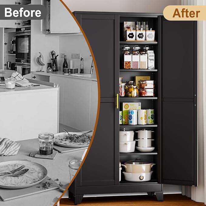 75" Black Tall Metal Garage Storage Cabinet with 2 Doors and 5 Adjustable Shelves,Kitchen Pantry Cabinet,File Cabinet,Steel Tool Cabinet for Home,Office,Garage,School,Warehouse