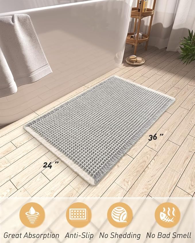 Upgraded Waffle Bath Mat, Super Absorbent Non Slip Bath Mats for Bathroom Floor, Machine Washable Bathroom Rugs with Tassels, Rubber Backed Bathroom Mats, Ultra Soft, 24" x 36",LightGrey & Cream