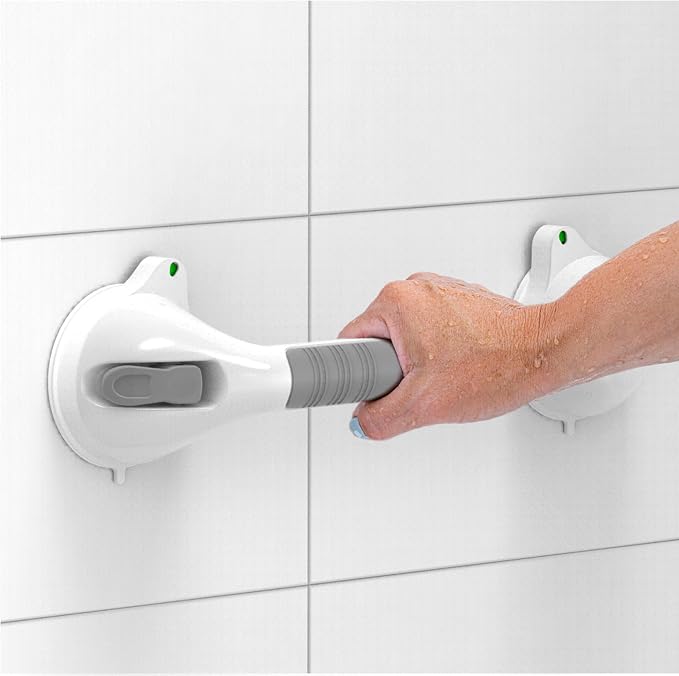 16.5inch Suction Bath Grab Bar with Indicators, Balance Assist Bathroom Shower Handle (White/Grey, Pack of 1)