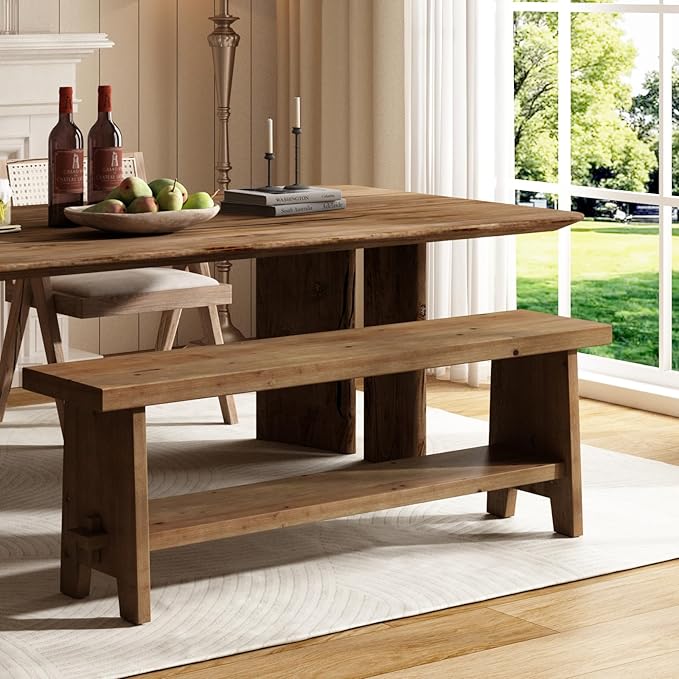 HOKYHOKY Solid Wood Entryway Bench - 51.2" Farmhouse Long Storage Bench, Rustic Narrow Bench Seat for Indoor, Entryway, Dining Room, Living Room and Hallway, Brown