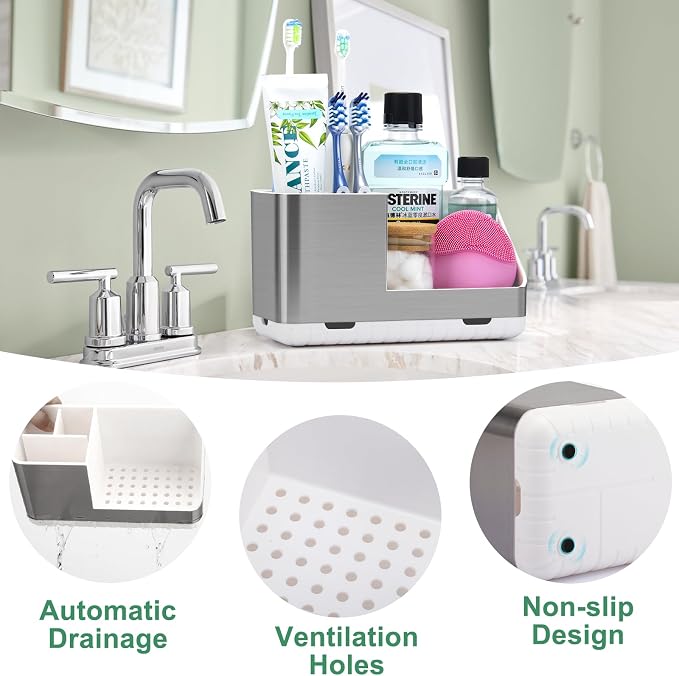 PARKMANI Toothbrush Holders for Bathroom Countertop Organizer, Brushed Nickel Tooth Brush Holder, Kids Electric Toothbrush and Toothpaste Holder with Drainage (Brushed Silver)