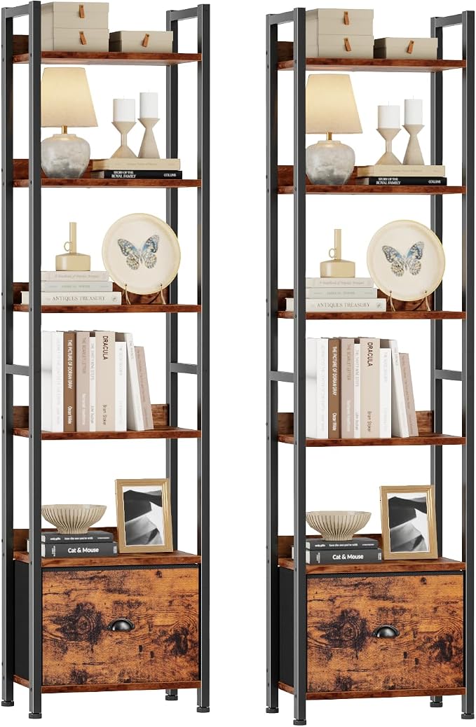 Furologee Book Shelf Set of 2, 6 Tier Tall Shelf with Drawer, Bookshelves and Bookcases Set of 2, Industrial Display Shelving Unit for Bedroom, Living Room, Home Office, Rustic Brown