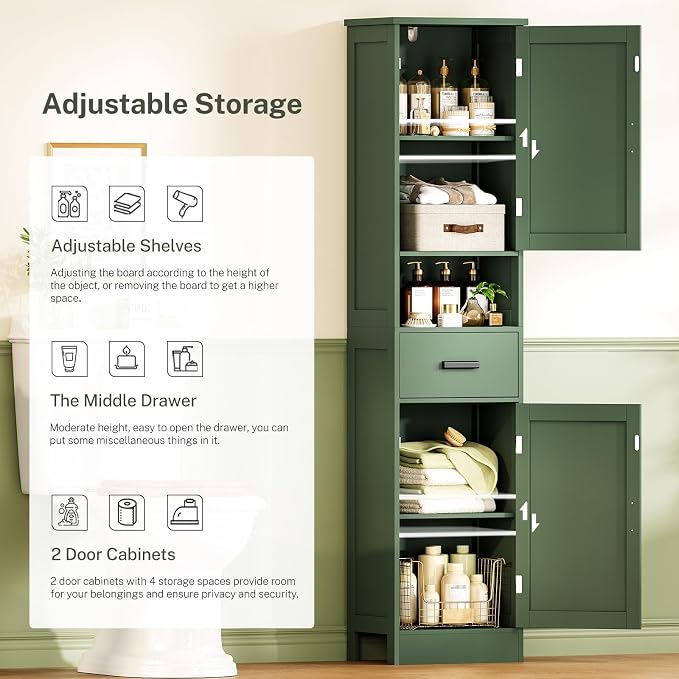 TEENFON 67" H Tall Bathroom Storage Cabinet with Barn Doors and Drawer, Narrow Bathroom Cabinet, Narrow Storage Unit, Adjustable Shelves, Floor Cabinets for Living Room, Forest Green