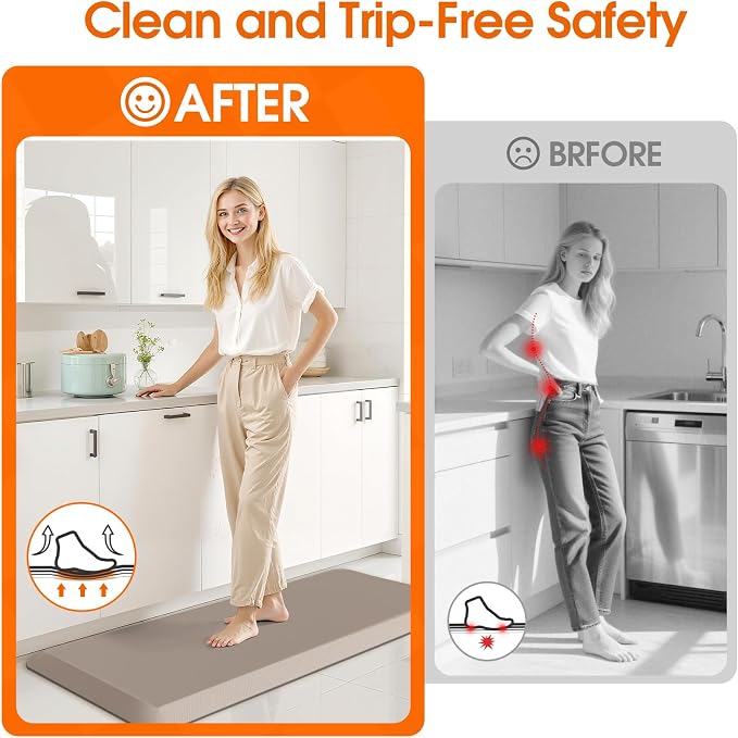 4/5 Inch Thicker Kitchen Mat, Cushioned Thick Floor Comfort Mat, with Non-Slip Bottom, Water & Stain Resistant, Easy Clean Standing Desk Mat for Kitchen, Sink, Office (17.3"x39"x0.8", Khaki)
