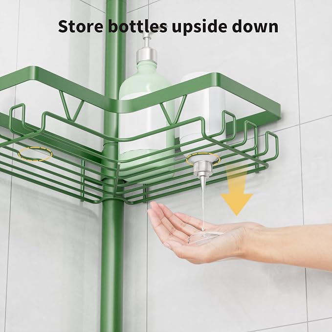 KEGII Shower Caddy Tension Pole, 4-Tier Rustproof Adjustable Corner Bathroom Organizer for Renters, 25–114.2 Inch No Drill Space-Saving Shower Storage Rack, Emerald Green